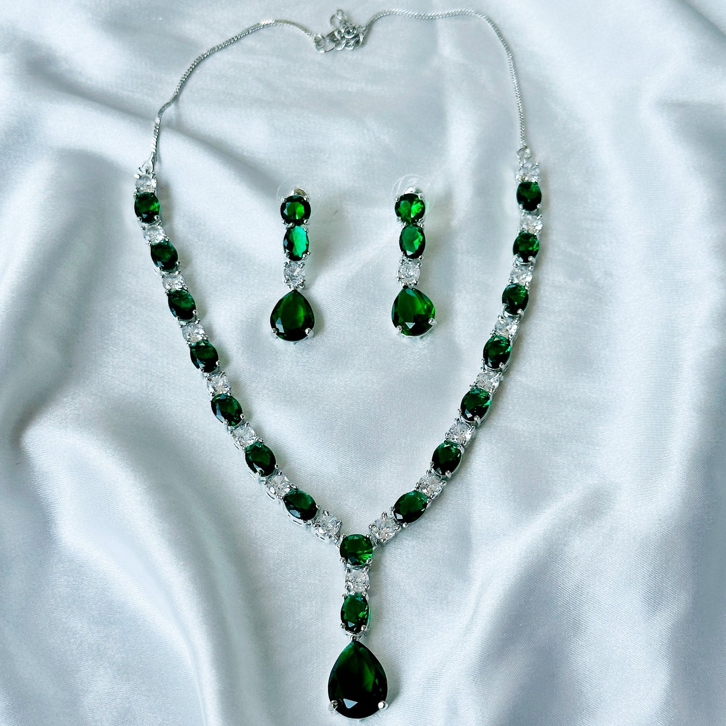 Green Emerald Cubic Zircon Stones American Diamond Silver Plated Necklace Set