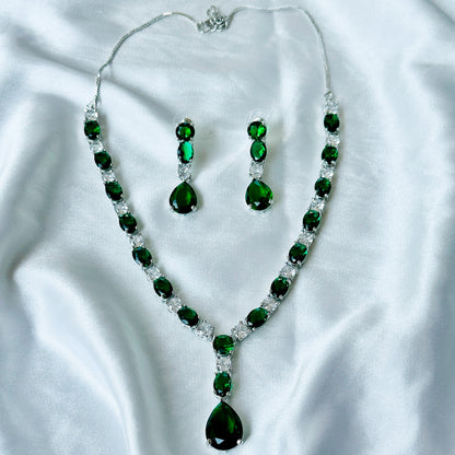 Green Emerald Cubic Zircon Stones American Diamond Silver Plated Necklace Set
