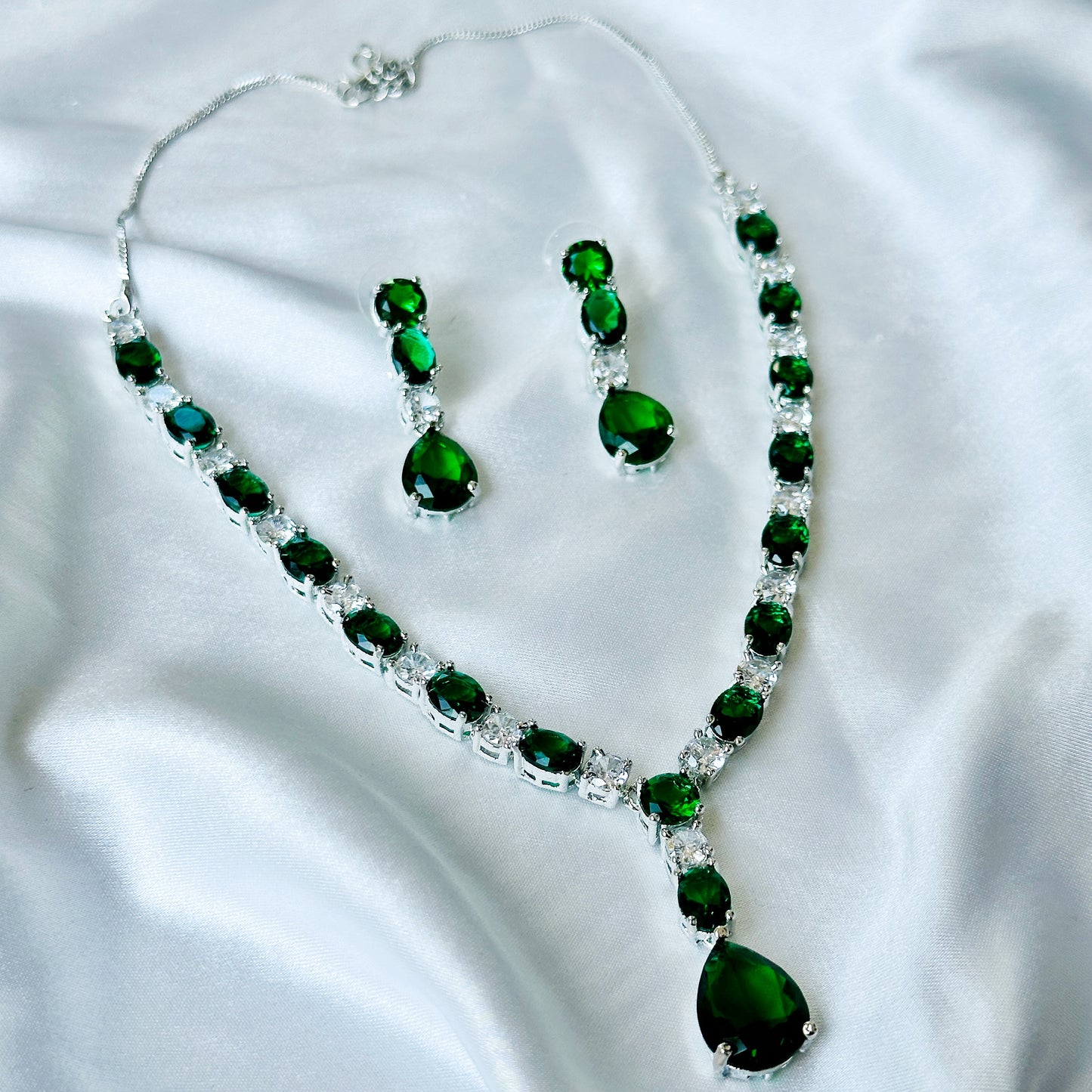 Green Emerald Cubic Zircon Stones American Diamond Silver Plated Necklace Set