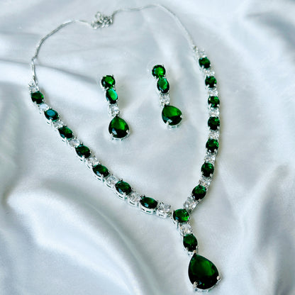 Green Emerald Cubic Zircon Stones American Diamond Silver Plated Necklace Set