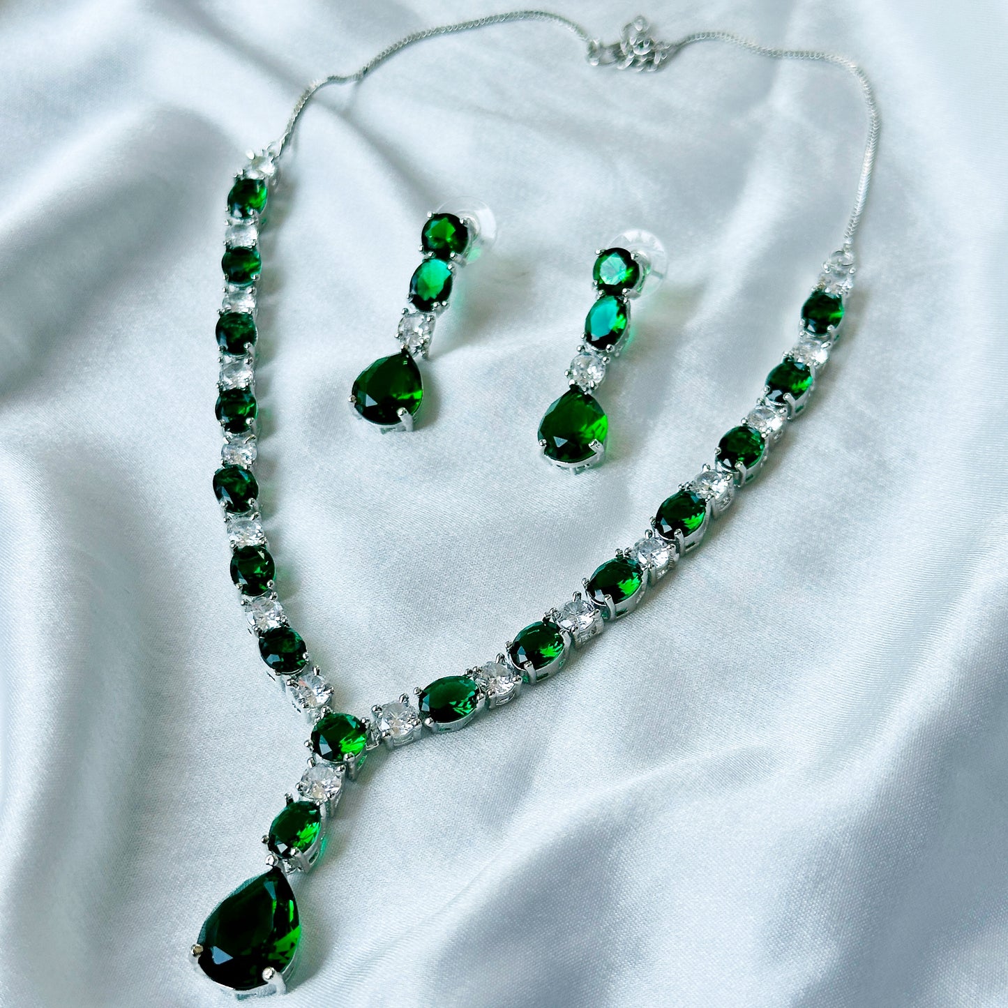 Green Emerald Cubic Zircon Stones American Diamond Silver Plated Necklace Set