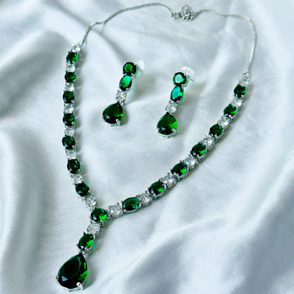 Green Emerald Cubic Zircon Stones American Diamond Silver Plated Necklace Set