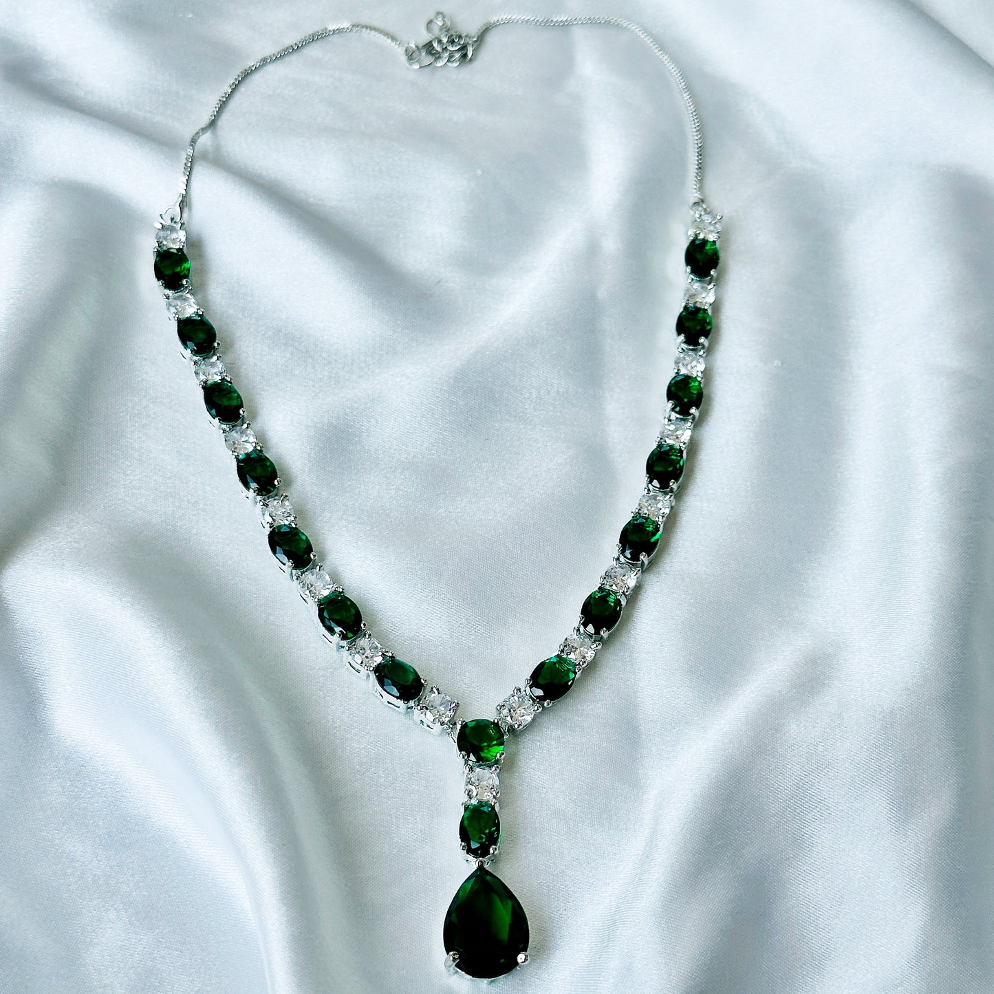 Green Emerald Cubic Zircon Stones American Diamond Silver Plated Necklace Set