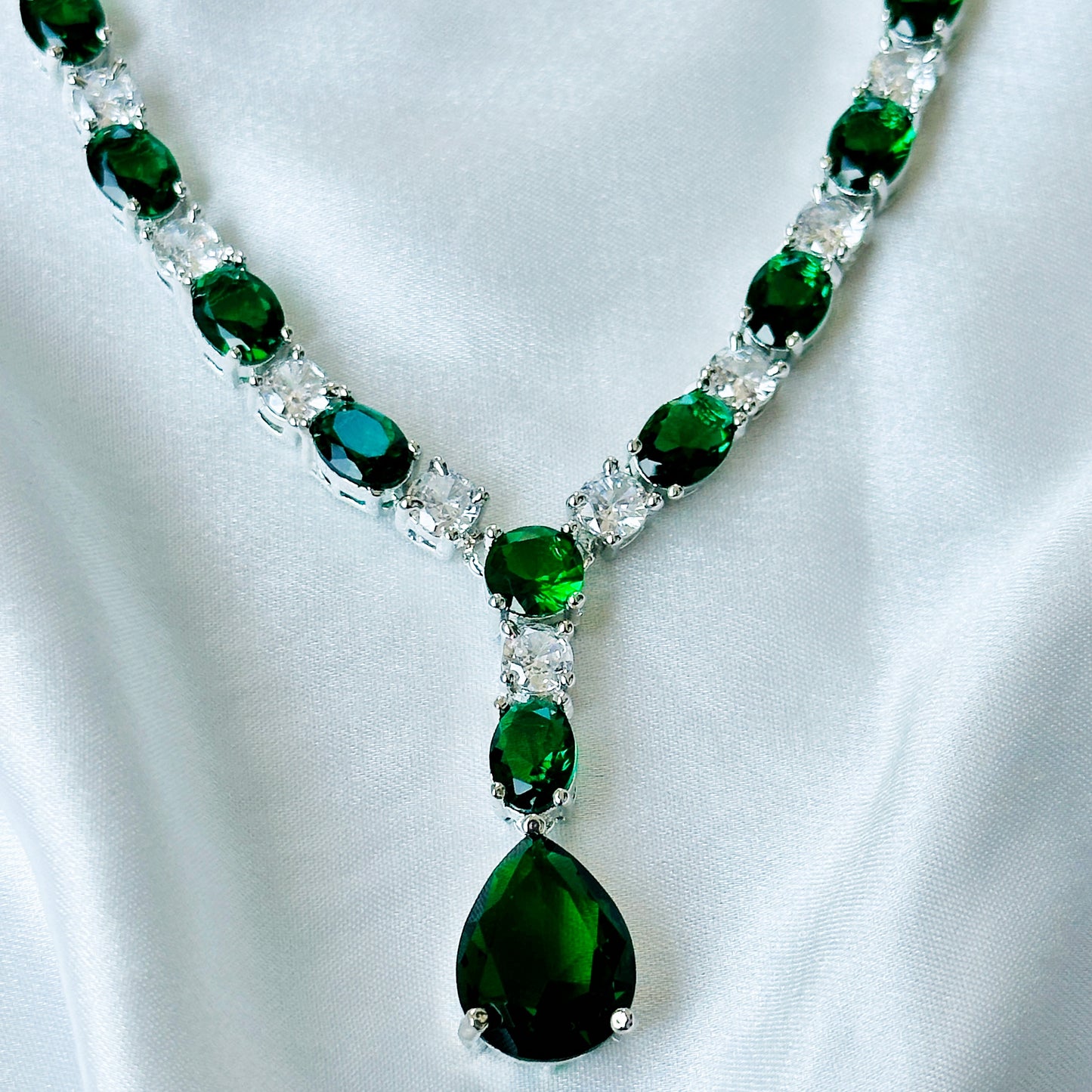 Green Emerald Cubic Zircon Stones American Diamond Silver Plated Necklace Set