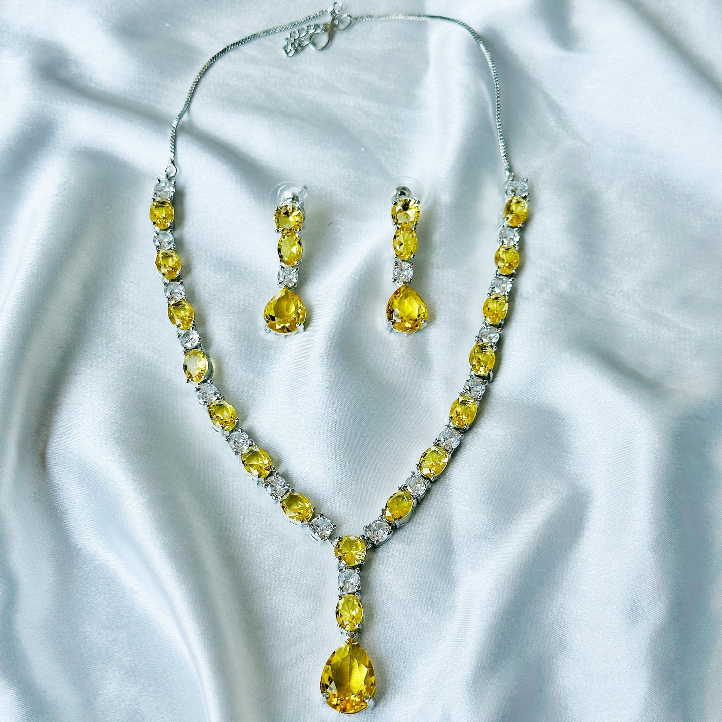 Yellow Topaz Cubic Zircon Stones American Diamond Silver Plated Necklace Set