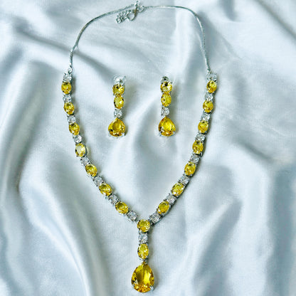 Yellow Topaz Cubic Zircon Stones American Diamond Silver Plated Necklace Set