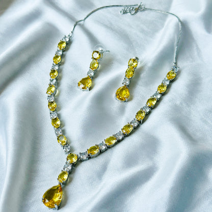 Yellow Topaz Cubic Zircon Stones American Diamond Silver Plated Necklace Set