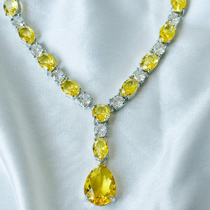 Yellow Topaz Cubic Zircon Stones American Diamond Silver Plated Necklace Set