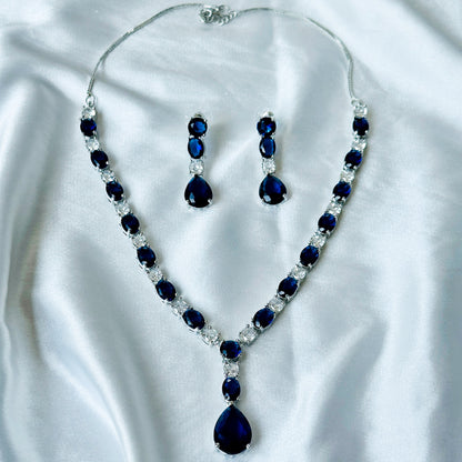 Blue Sapphire Cubic Zircon Stones American Diamond Silver Plated Necklace Set