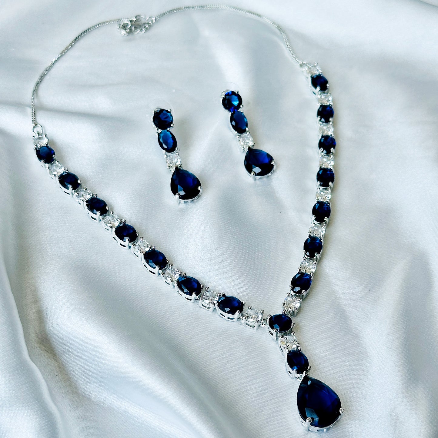 Blue Sapphire Cubic Zircon Stones American Diamond Silver Plated Necklace Set