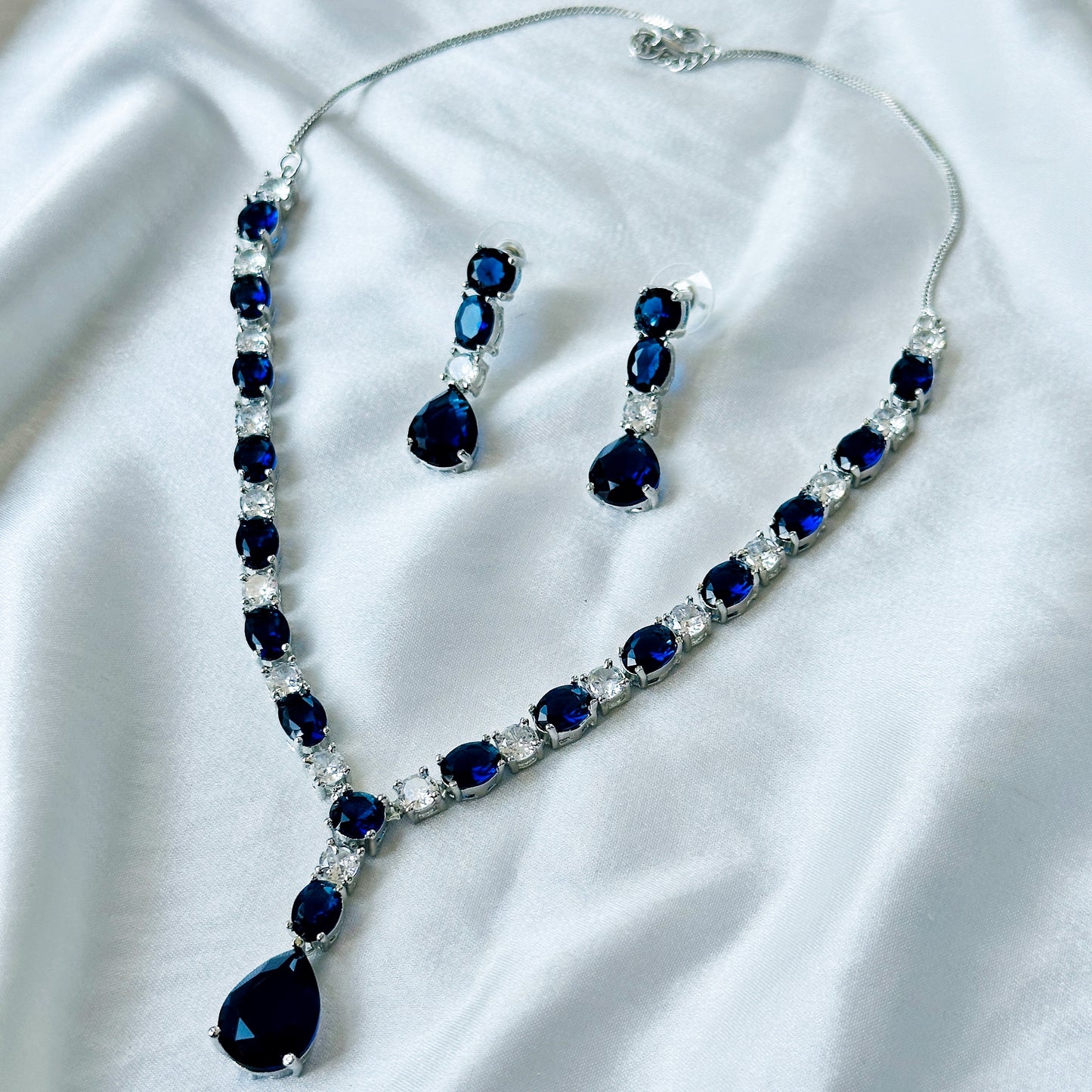 Blue Sapphire Cubic Zircon Stones American Diamond Silver Plated Necklace Set