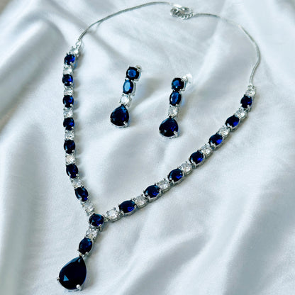 Blue Sapphire Cubic Zircon Stones American Diamond Silver Plated Necklace Set