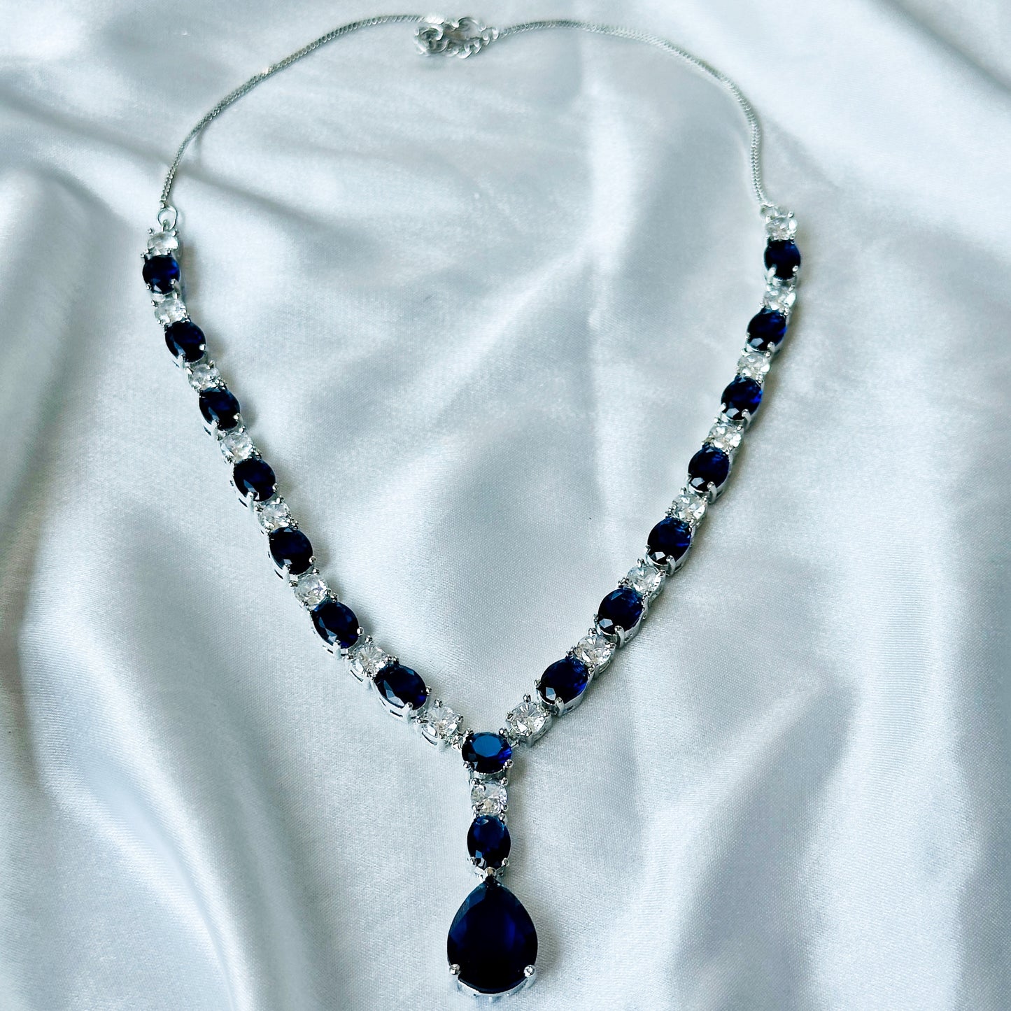 Blue Sapphire Cubic Zircon Stones American Diamond Silver Plated Necklace Set