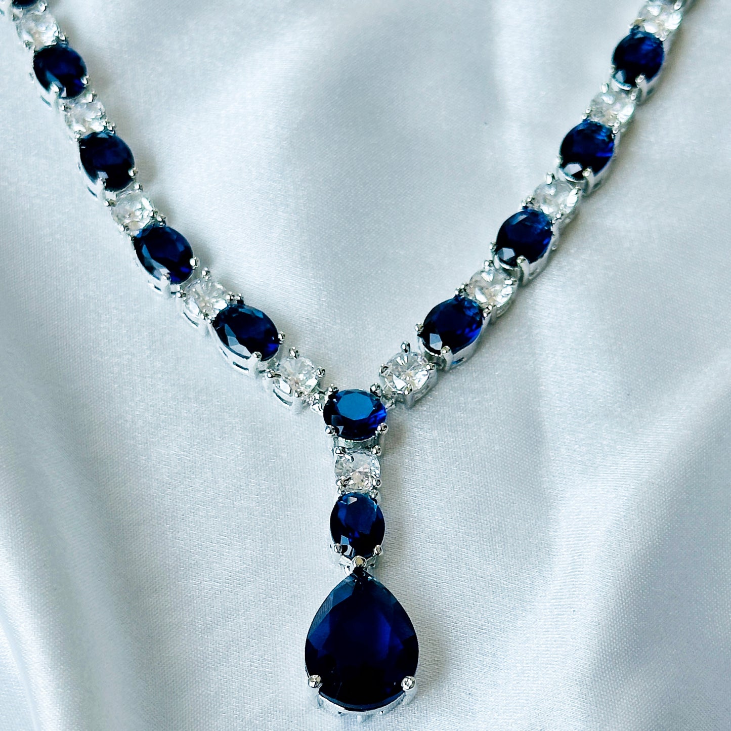 Blue Sapphire Cubic Zircon Stones American Diamond Silver Plated Necklace Set