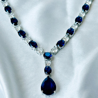 Blue Sapphire Cubic Zircon Stones American Diamond Silver Plated Necklace Set