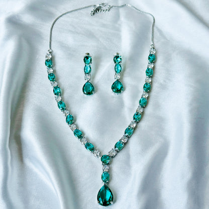 Sea Green Topaz Cubic Zircon Stones American Diamond Silver Plated Necklace Set