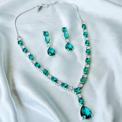 Sea Green Topaz Cubic Zircon Stones American Diamond Silver Plated Necklace Set