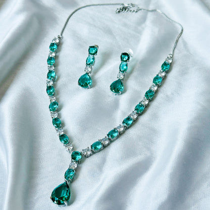 Sea Green Topaz Cubic Zircon Stones American Diamond Silver Plated Necklace Set