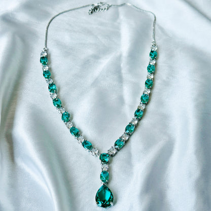 Sea Green Topaz Cubic Zircon Stones American Diamond Silver Plated Necklace Set