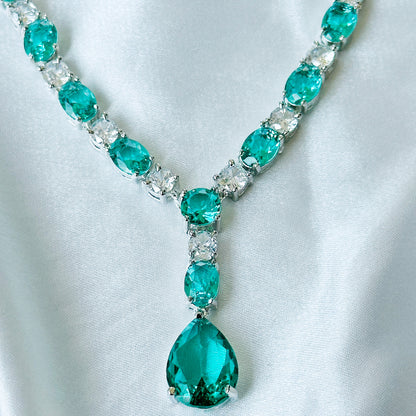 Sea Green Topaz Cubic Zircon Stones American Diamond Silver Plated Necklace Set