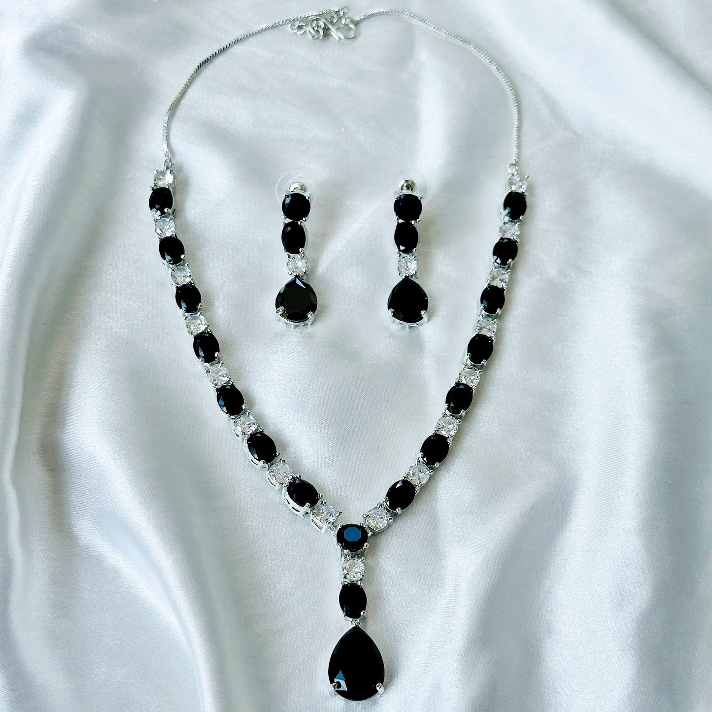 Black Cubic Zircon Stones American Diamond Silver Plated Necklace Set
