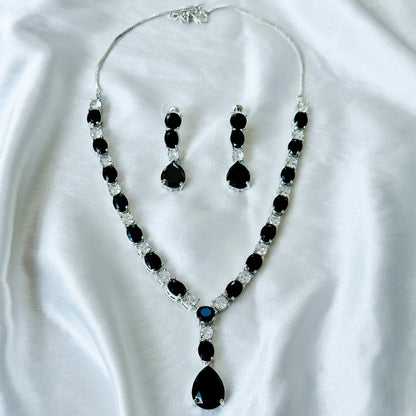 Black Cubic Zircon Stones American Diamond Silver Plated Necklace Set
