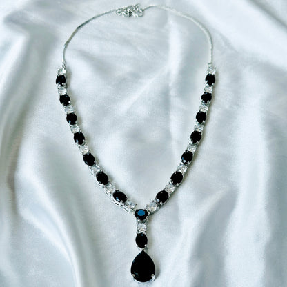 Black Cubic Zircon Stones American Diamond Silver Plated Necklace Set