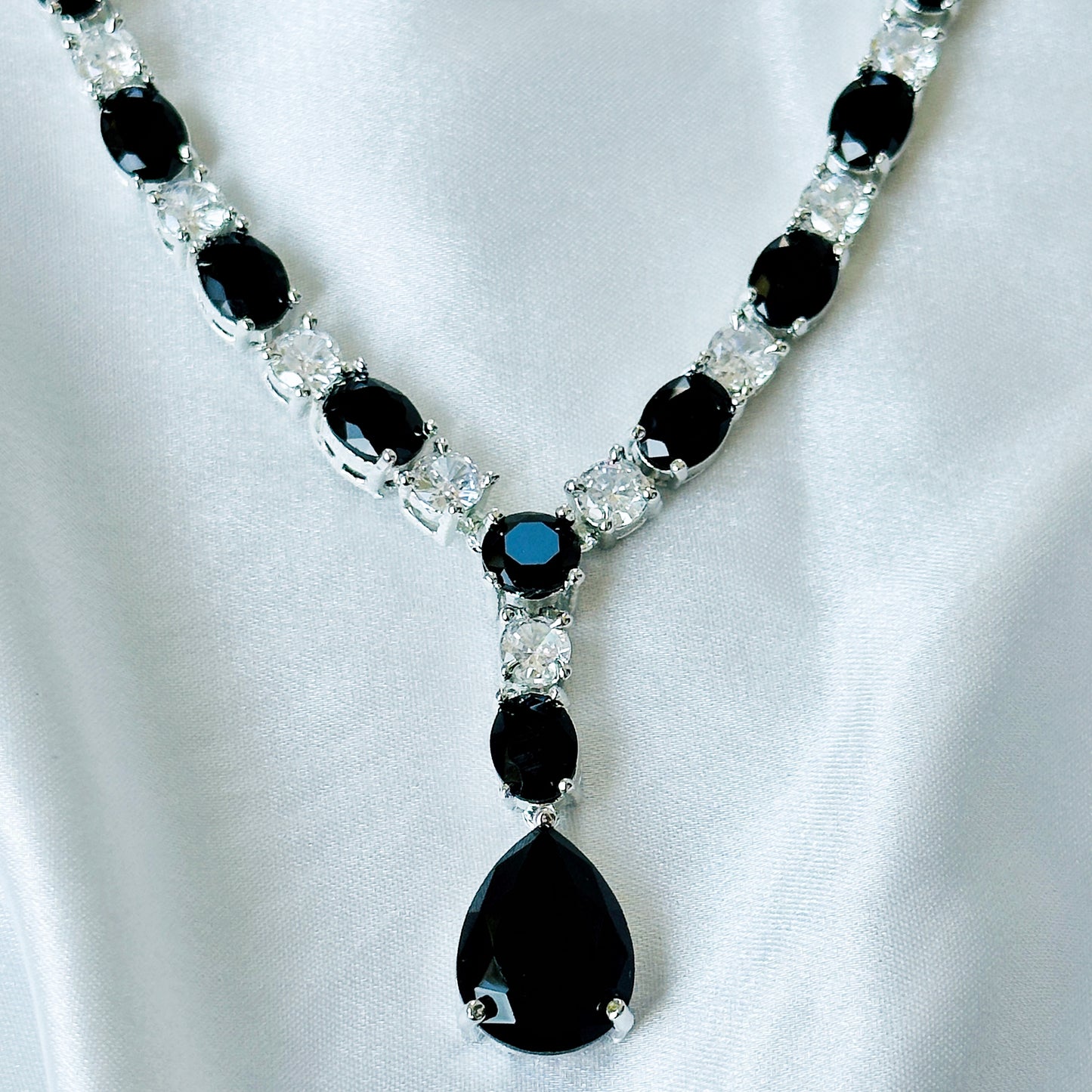 Black Cubic Zircon Stones American Diamond Silver Plated Necklace Set