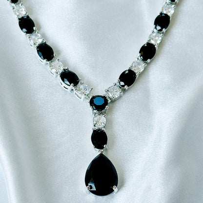 Black Cubic Zircon Stones American Diamond Silver Plated Necklace Set