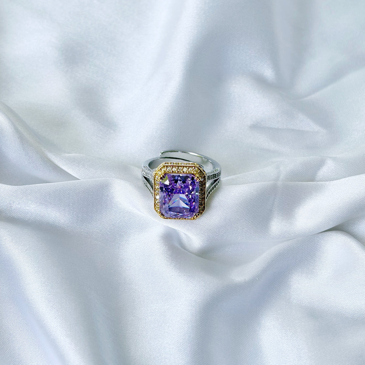 Purple Amethyst Cubic Zirconia Ice Cut American Diamond Silver Plated Adjustable Ring