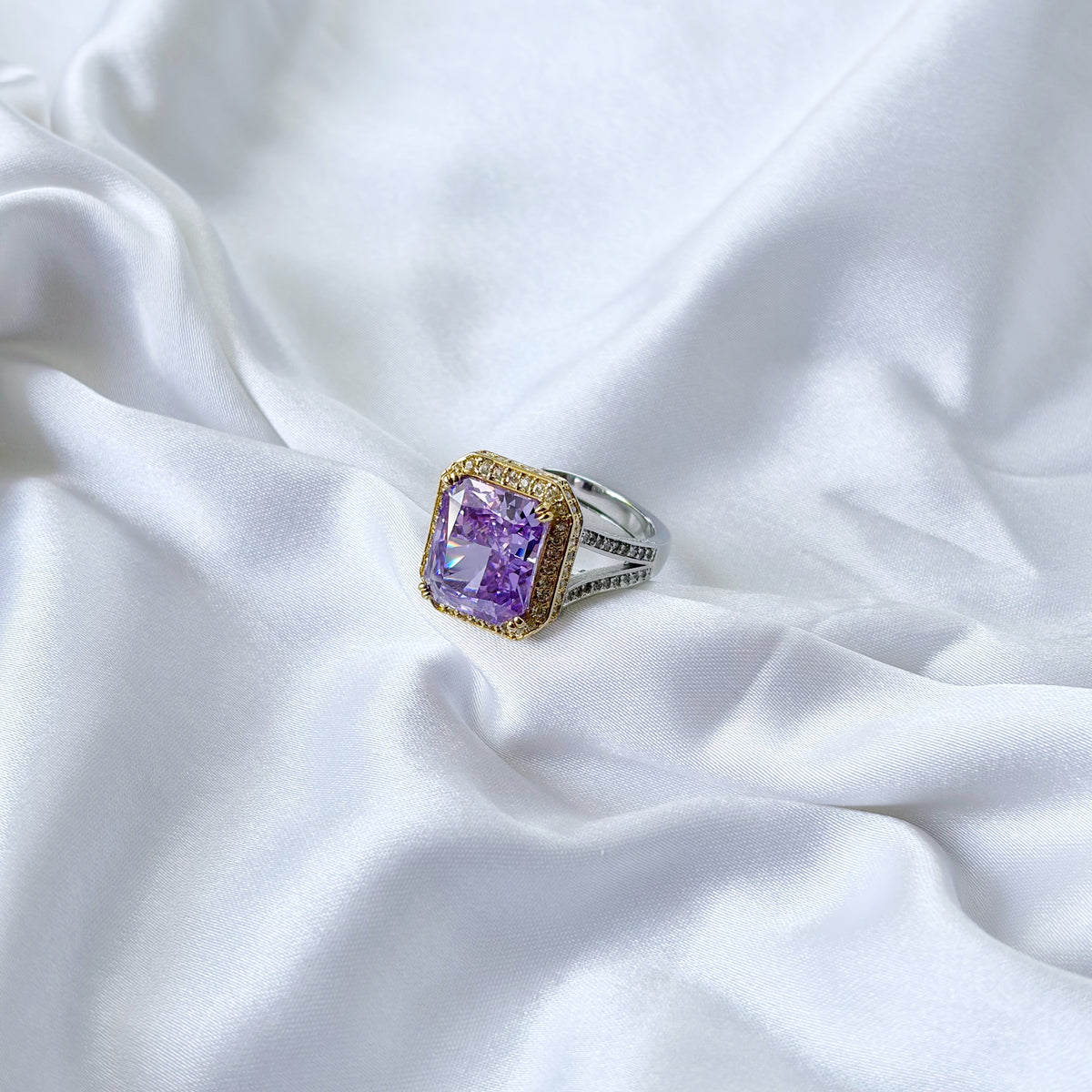 Purple Amethyst Cubic Zirconia Ice Cut American Diamond Silver Plated Adjustable Ring