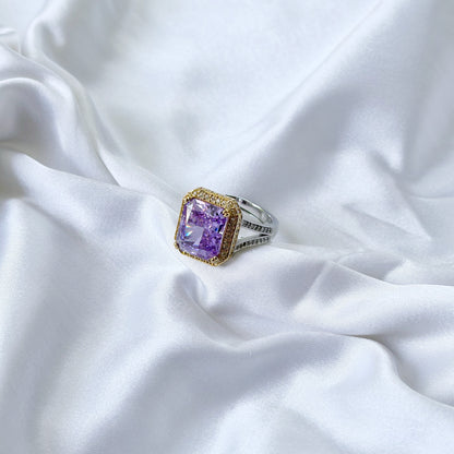Purple Amethyst Cubic Zirconia Ice Cut American Diamond Silver Plated Adjustable Ring