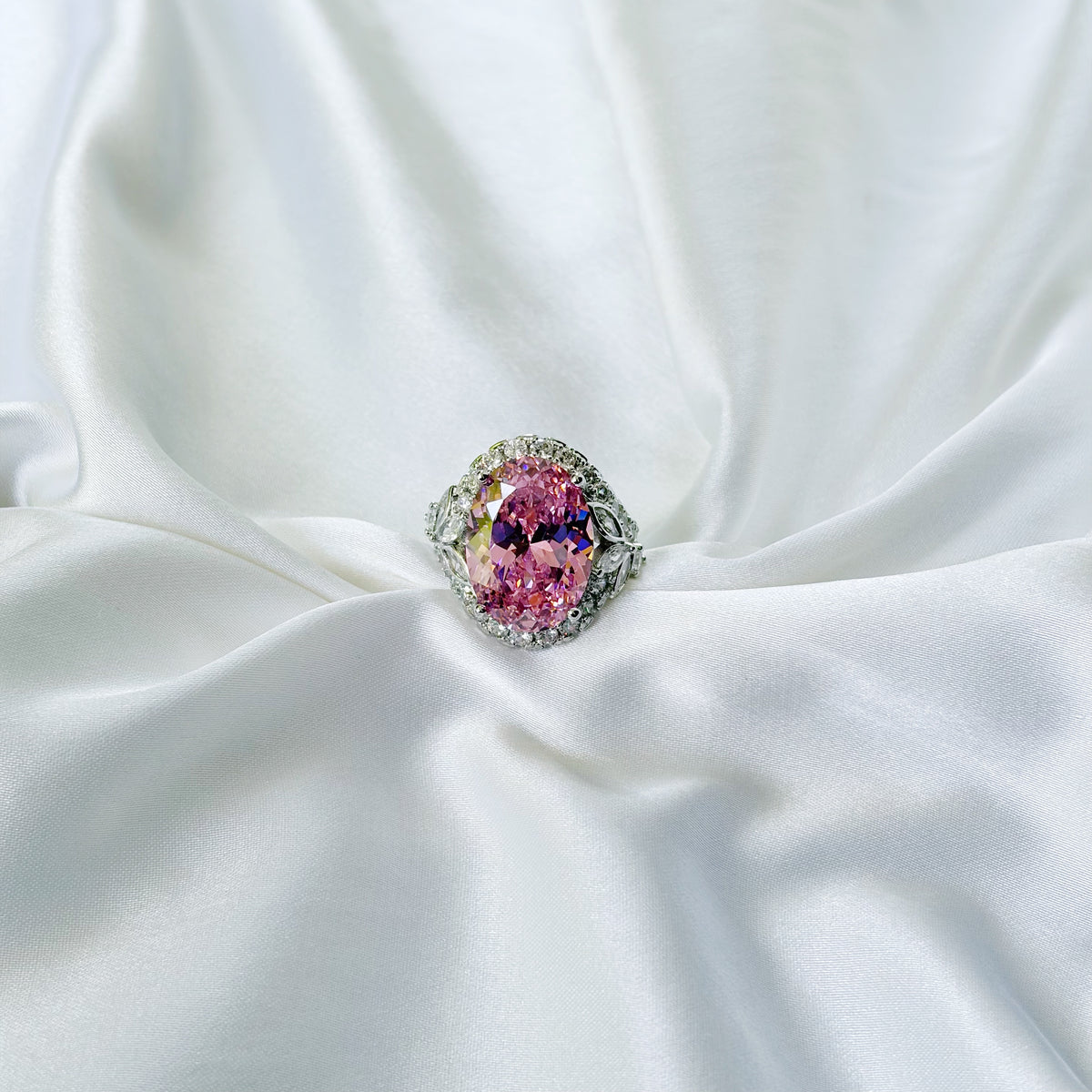 Pink Topaz Cubic Zirconia Ice Cut American Diamond Silver Plated Adjustable Ring