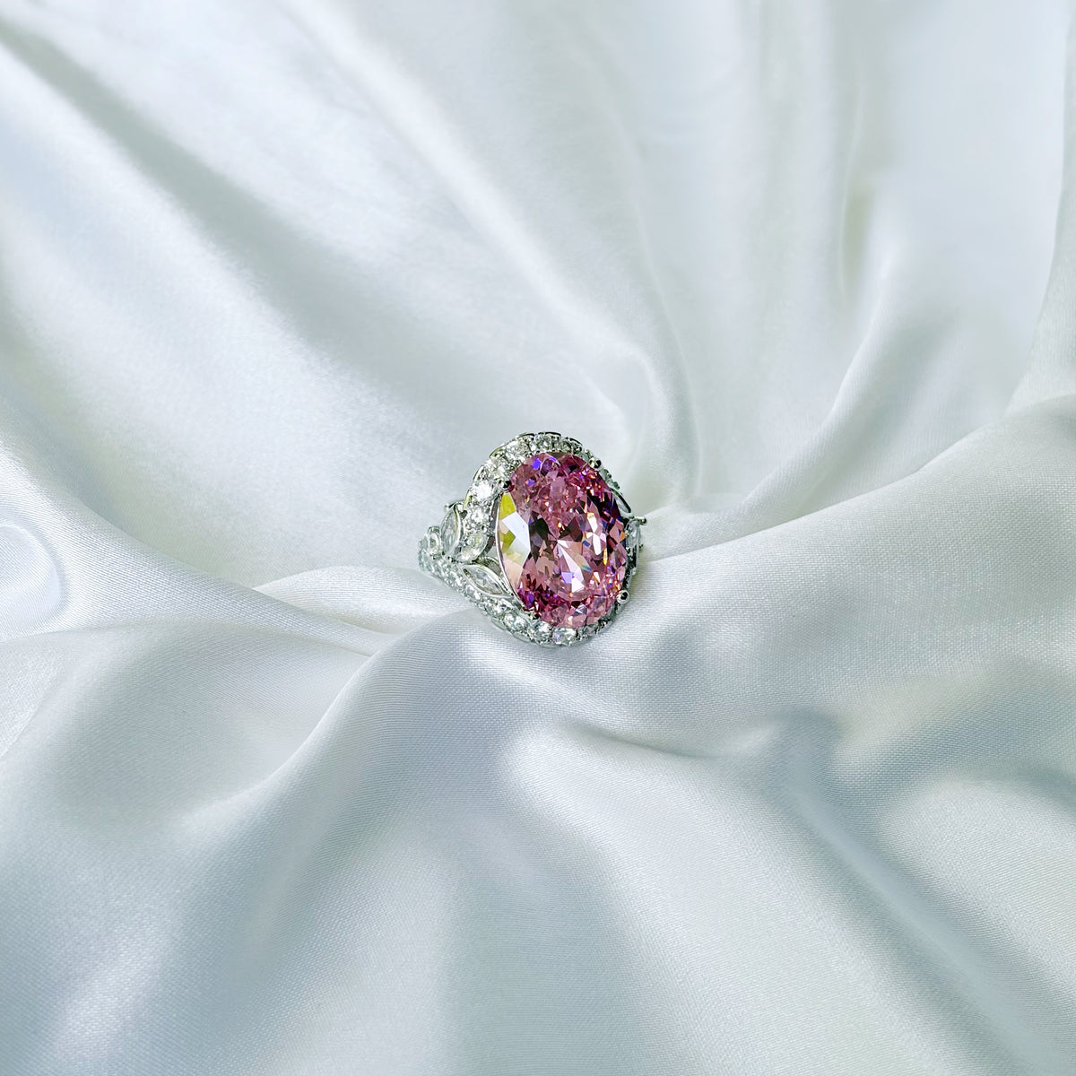 Pink Topaz Cubic Zirconia Ice Cut American Diamond Silver Plated Adjustable Ring