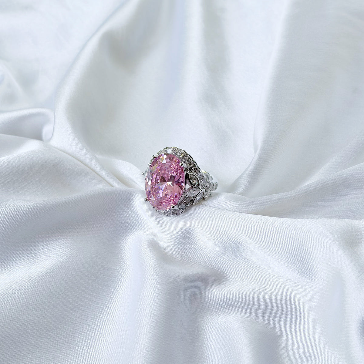 Pink Topaz Cubic Zirconia Ice Cut American Diamond Silver Plated Adjustable Ring