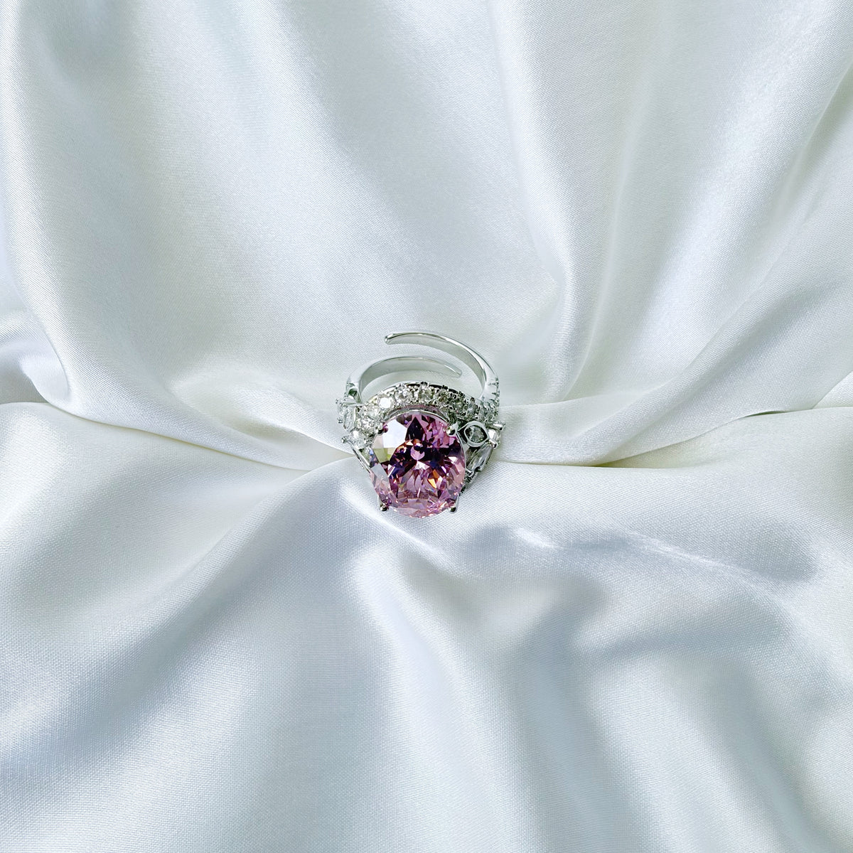 Pink Topaz Cubic Zirconia Ice Cut American Diamond Silver Plated Adjustable Ring