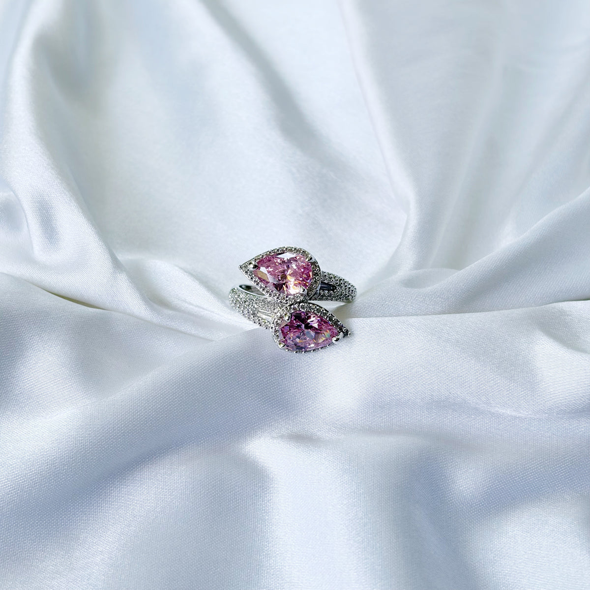 Pink Topaz Cubic Zirconia Ice Cut American Diamond Silver Plated Adjustable Ring