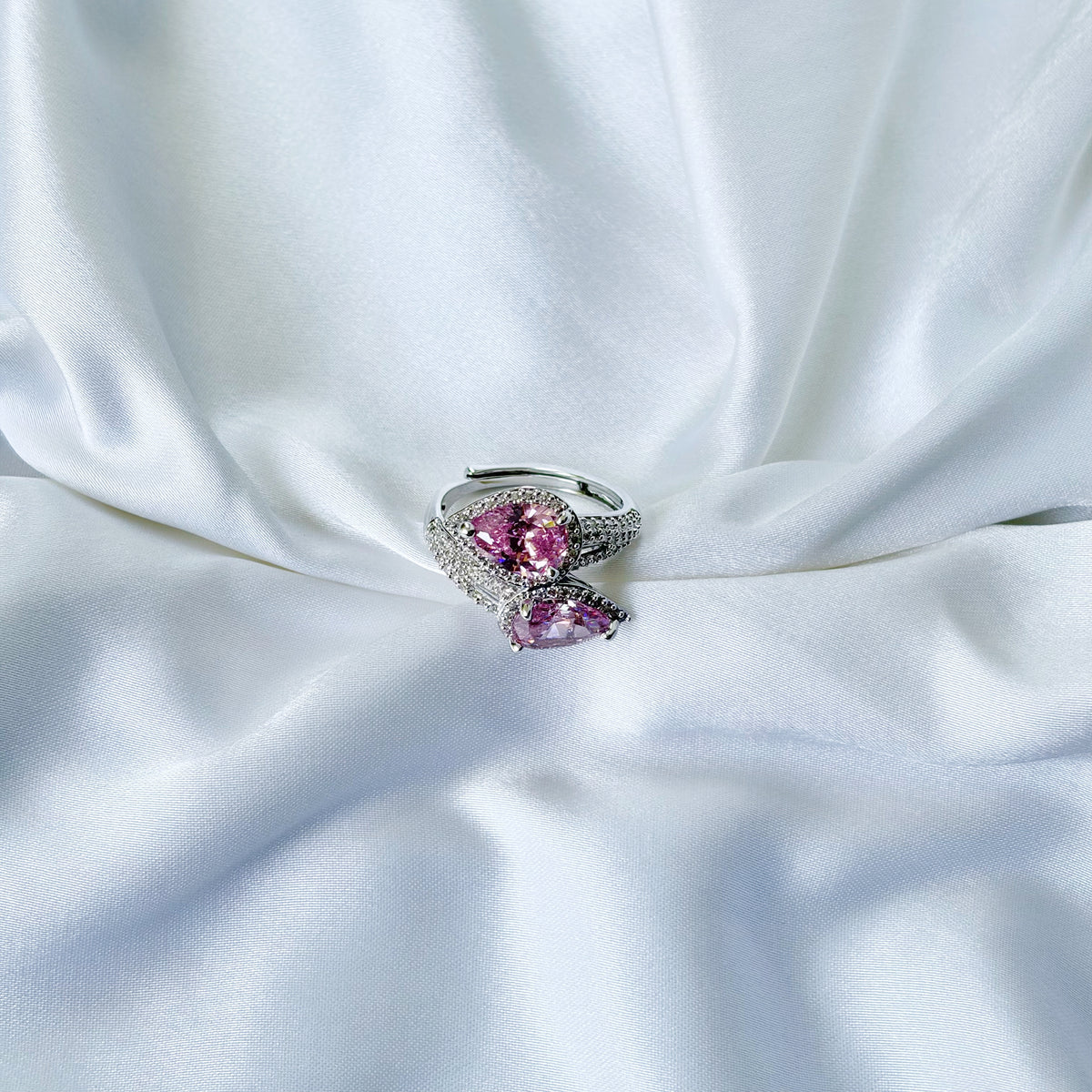Pink Topaz Cubic Zirconia Ice Cut American Diamond Silver Plated Adjustable Ring