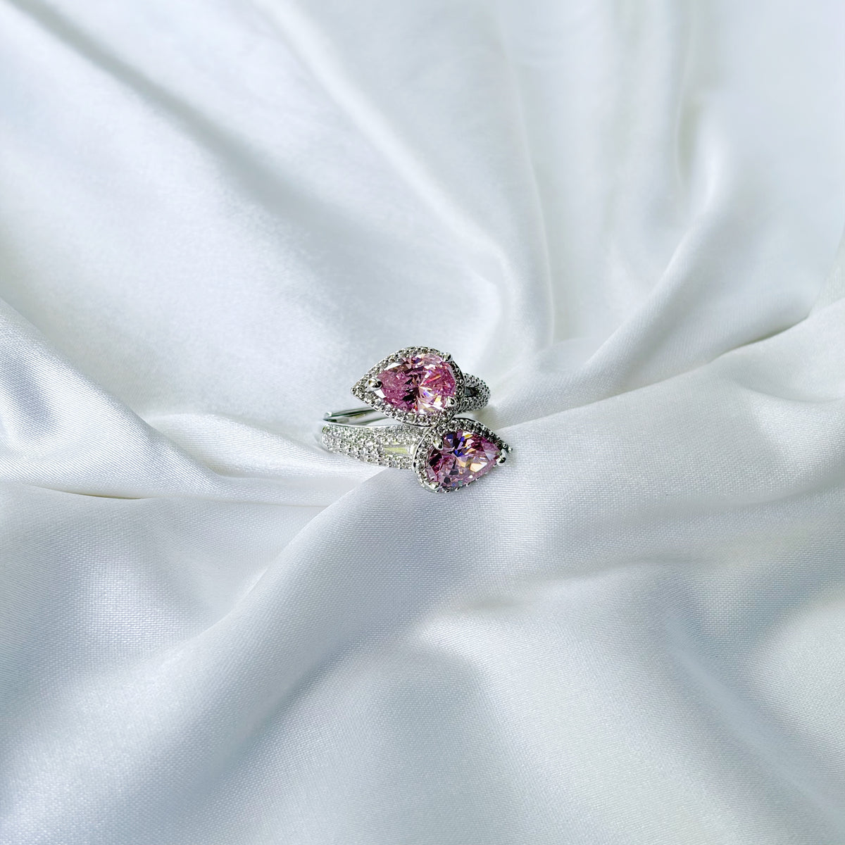 Pink Topaz Cubic Zirconia Ice Cut American Diamond Silver Plated Adjustable Ring