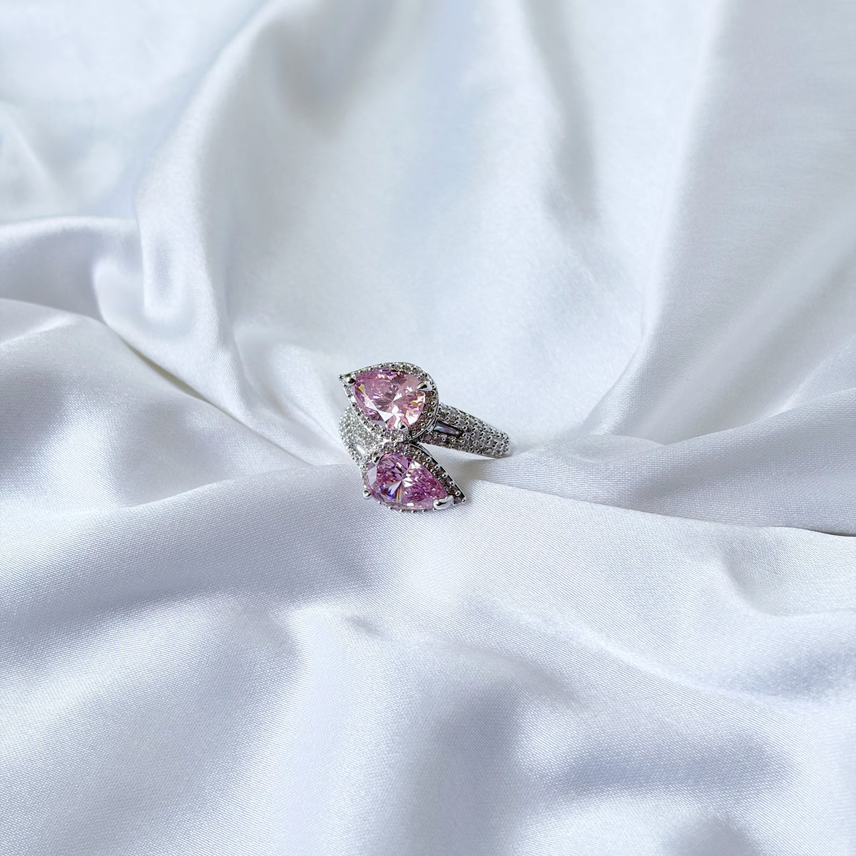 Pink Topaz Cubic Zirconia Ice Cut American Diamond Silver Plated Adjustable Ring