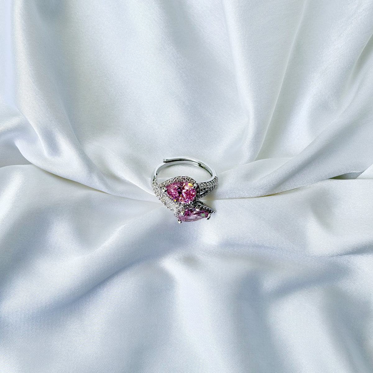 Pink Topaz Cubic Zirconia Ice Cut American Diamond Silver Plated Adjustable Ring