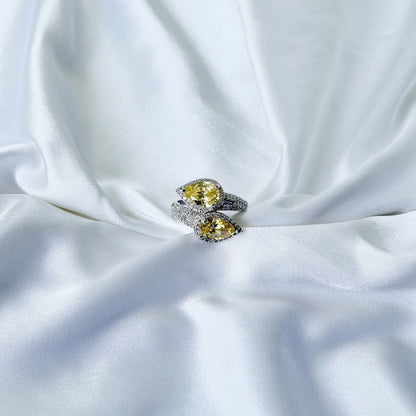 Yellow Topaz Cubic Zirconia Ice Cut American Diamond Silver Plated Adjustable Ring
