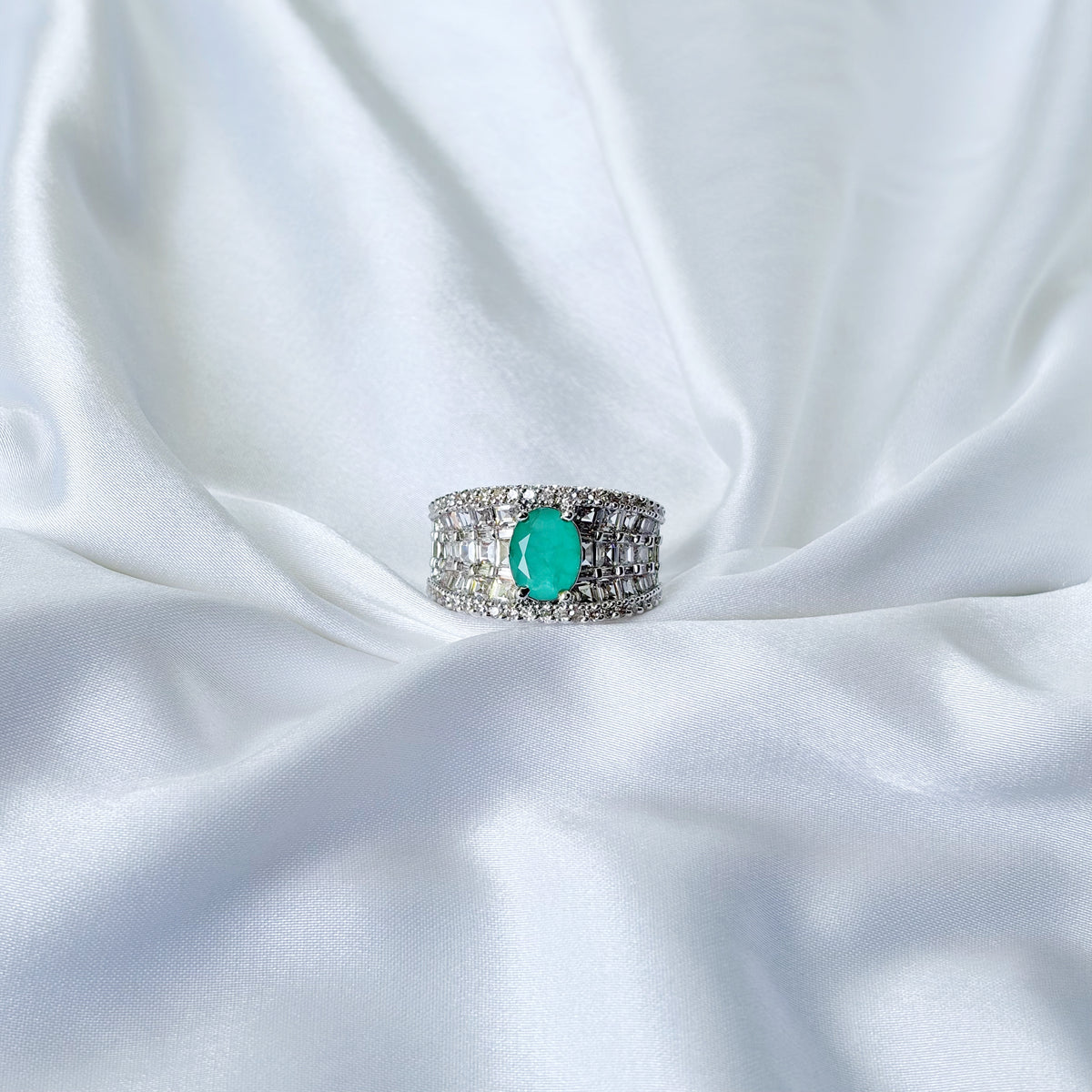 Sea Green Topaz Doublet Stone Zirconia Ice Cut American Diamond Silver Plated Adjustable Ring