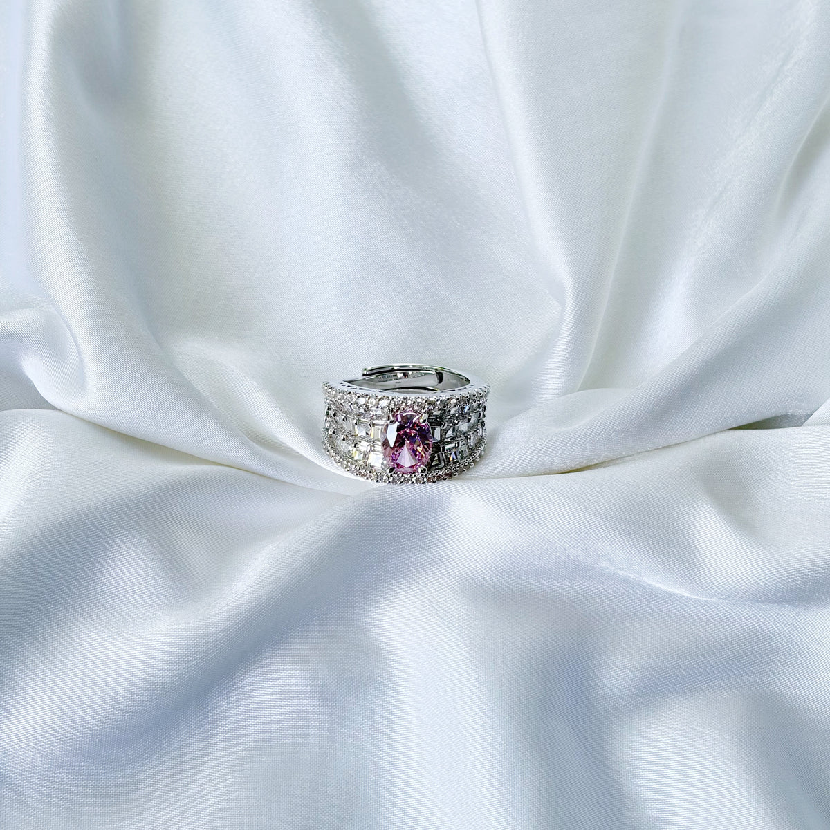 Pink Topaz Cubic Zirconia Ice Cut American Diamond Silver Plated Adjustable Ring