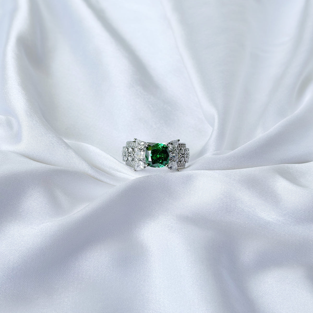 Green Emerald Cubic Zirconia Ice Cut American Diamond Silver Plated Adjustable Ring
