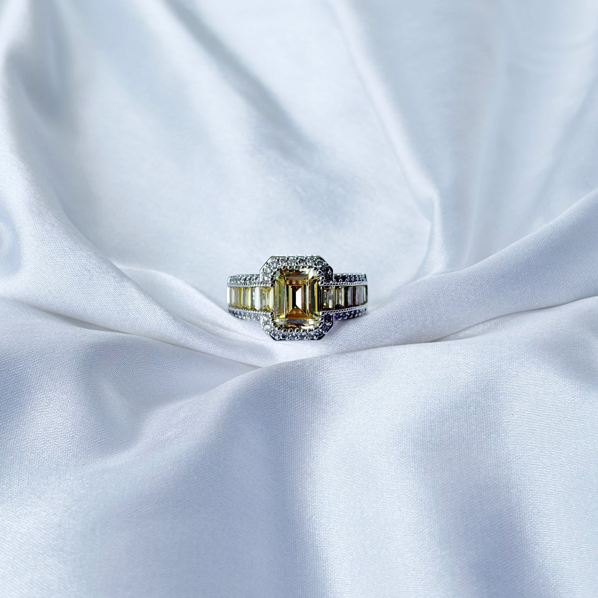 Yellow Topaz Cubic Zirconia Ice Cut American Diamond Silver Plated Adjustable Ring