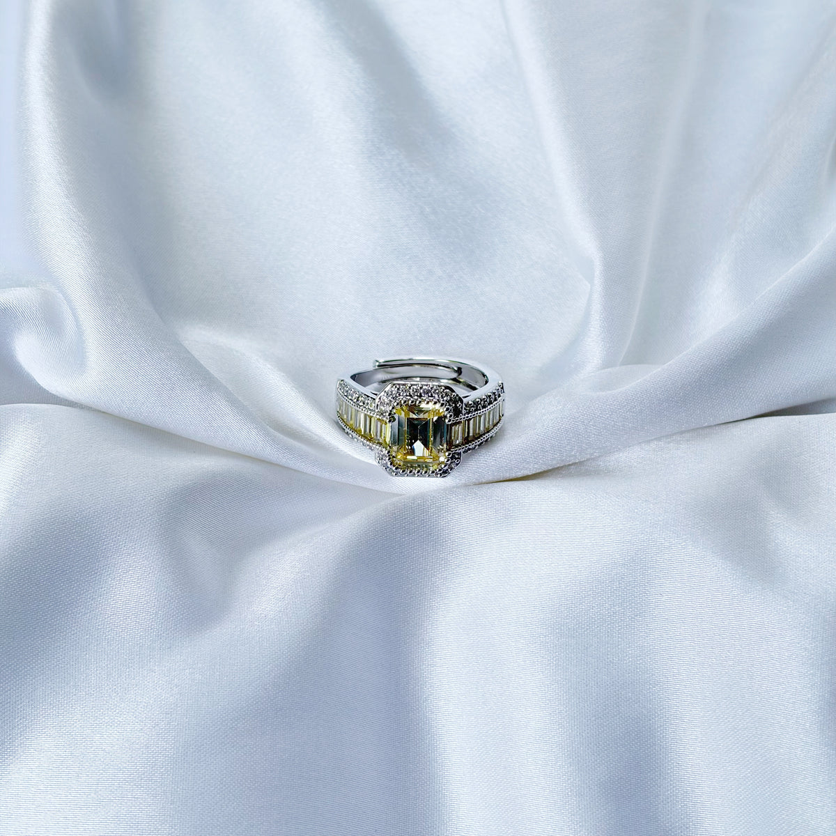Yellow Topaz Cubic Zirconia Ice Cut American Diamond Silver Plated Adjustable Ring