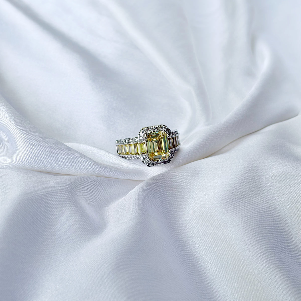 Yellow Topaz Cubic Zirconia Ice Cut American Diamond Silver Plated Adjustable Ring
