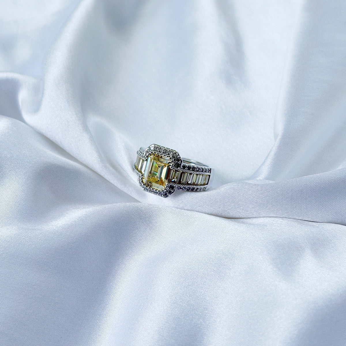 Yellow Topaz Cubic Zirconia Ice Cut American Diamond Silver Plated Adjustable Ring