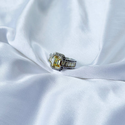 Yellow Topaz Cubic Zirconia Ice Cut American Diamond Silver Plated Adjustable Ring